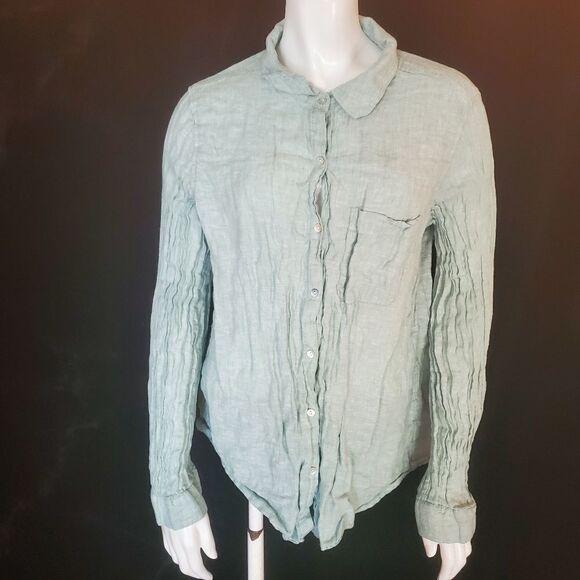 Tahari Blue Linen Long Sleeve Button Down Top (XL) - Picture 2 of 5